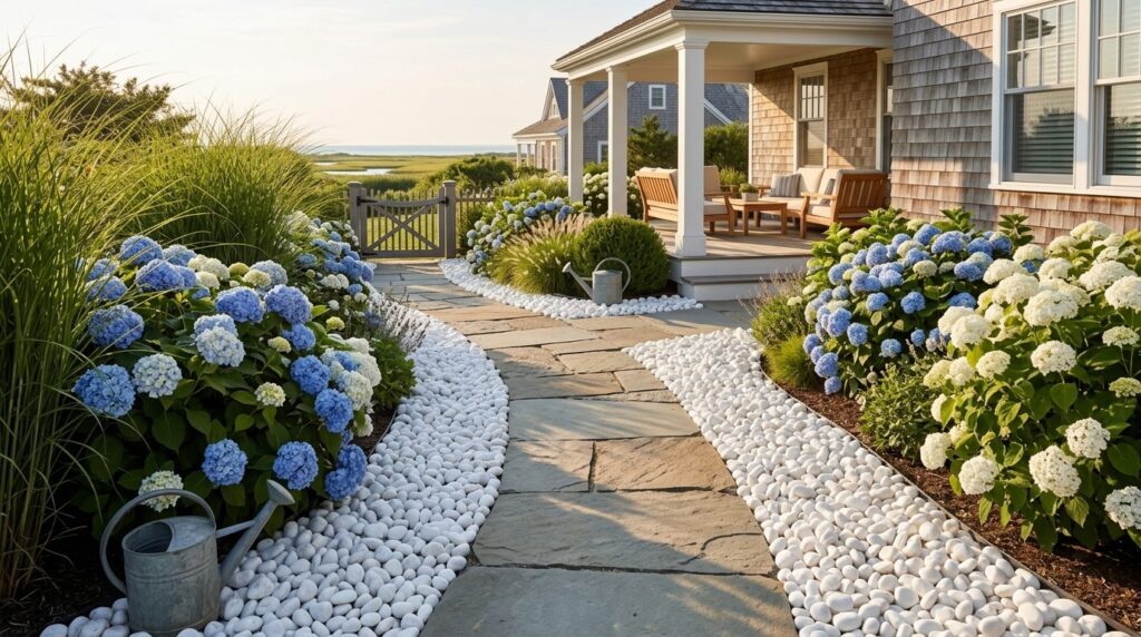 White tumbled pebble rocks used along a coastal garden walkway with hydrangeas, ornamental grasses, and a stone path.