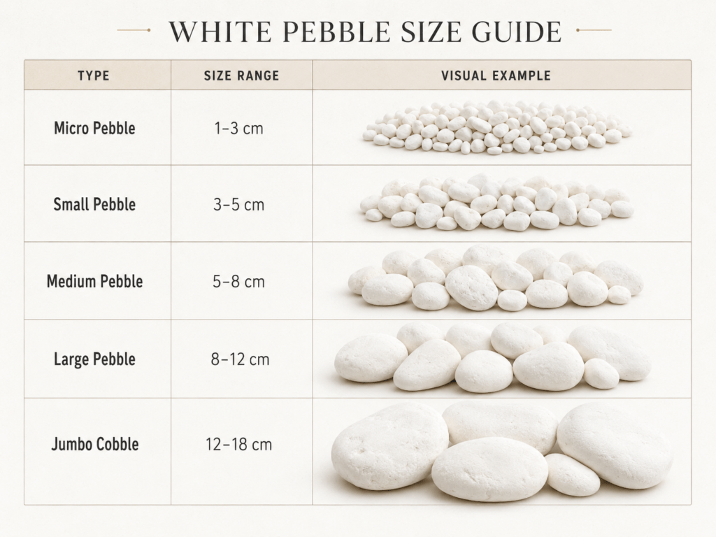 White pebble size guide showing micro, small, medium, large, and jumbo cobble size ranges with visual examples.