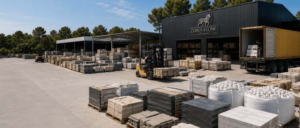 Zebra Stone Collection depot with pallets of travertine, natural stone tiles, white pebble rock, ledger panels, porcelain products and forklifts ready for bulk distribution.