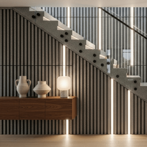 SlatStone natural stone slat wall panels installed in a modern interior with staircase, warm lighting, and vertical textured wall design.