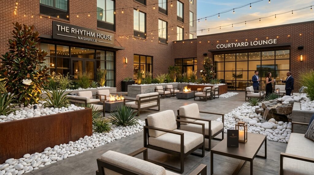 White tumbled pebble rocks used in a boutique hotel outdoor lounge with planters, seating areas, fire features, and modern courtyard landscaping.