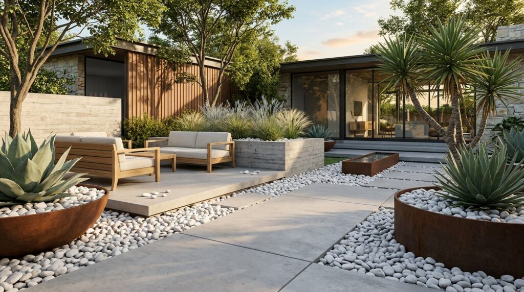 White tumbled pebble rocks used in a modern courtyard landscape with concrete walkways, planters, agave plants, and outdoor seating.