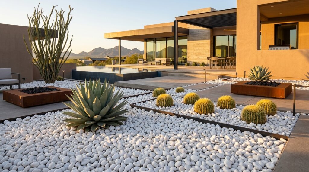 White tumbled pebble rocks used in a desert xeriscape garden with agave, cactus, modern architecture, and mountain views.