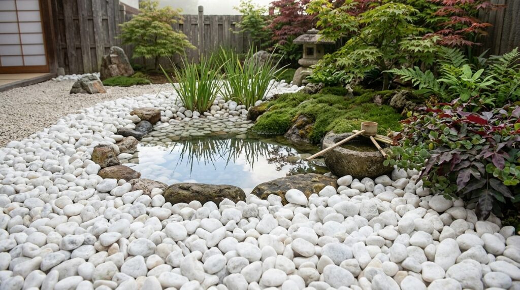 White tumbled pebble rocks surrounding a Japanese garden pond with natural stones, moss, plants, and water feature.