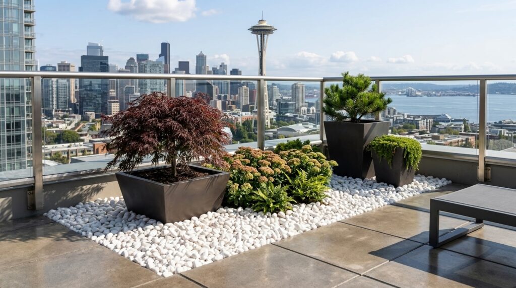 White tumbled pebble rocks used in a rooftop condo garden with planters, greenery, modern paving, and Seattle skyline view.