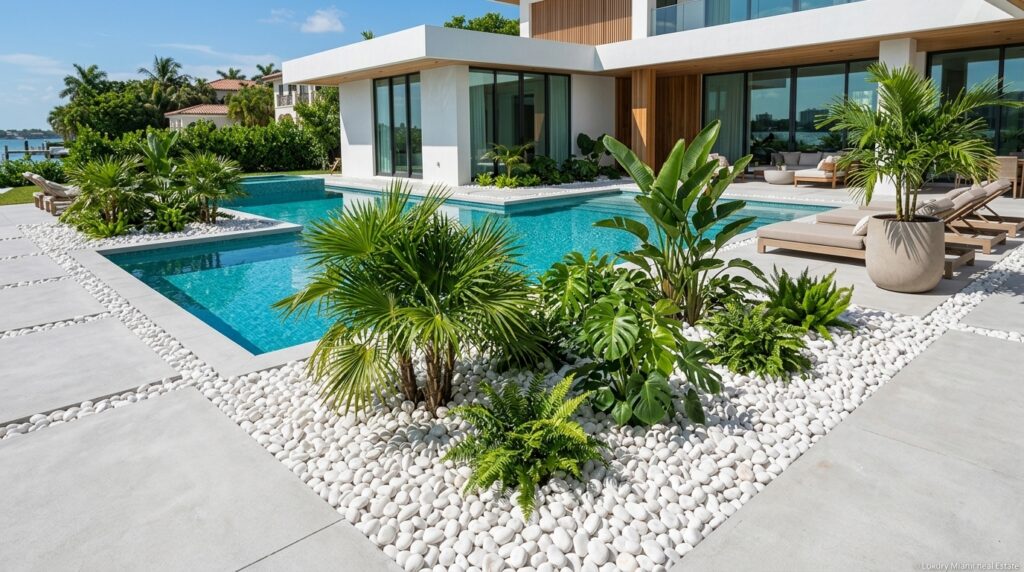 White tumbled pebble rocks used around a luxury pool landscape with tropical plants, modern paving, and outdoor lounge areas.