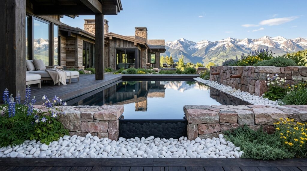 White tumbled pebble rocks used around a mountain lodge water feature with natural stone walls, rustic architecture, flowers, and alpine views.