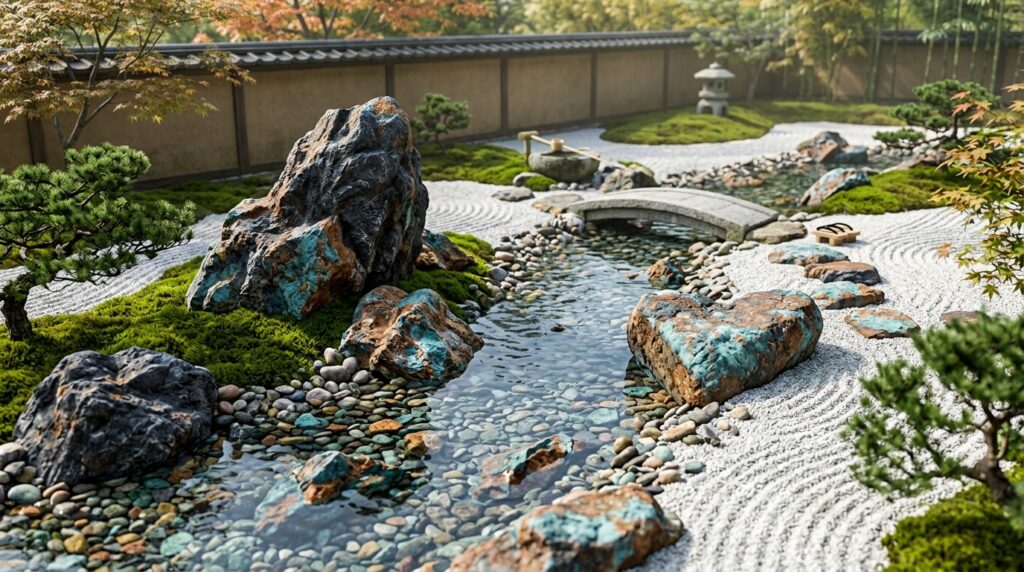 Decorative pebble rocks used in a Zen river garden with natural boulders, water stream, raked gravel, moss, and Japanese-style landscaping.