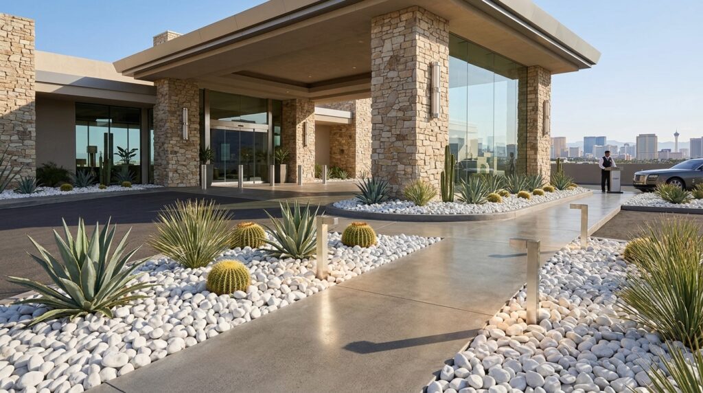 White tumbled pebble rocks used in a luxury resort entrance landscape with desert plants, stone columns, and modern walkway design.