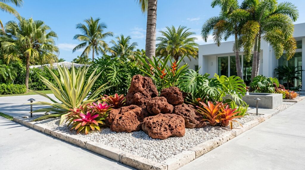 Red lava rocks used as decorative boulders in a tropical garden landscape with palm trees, colorful plants, white gravel, and modern outdoor design.
