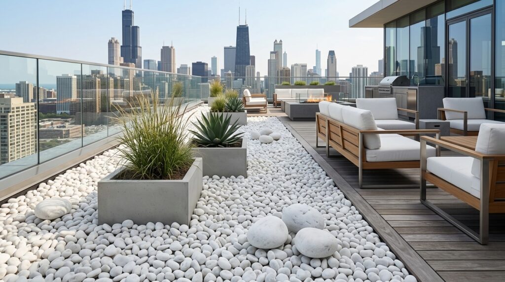 White tumbled pebble rocks used on a rooftop terrace with planters, lounge seating, fire feature, decking, and Chicago skyline view.