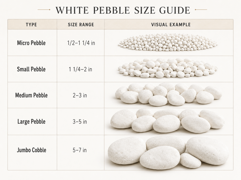 White pebble size guide showing micro, small, medium, large, and jumbo cobble sizes in inches with visual examples of white tumbled pebble rocks.