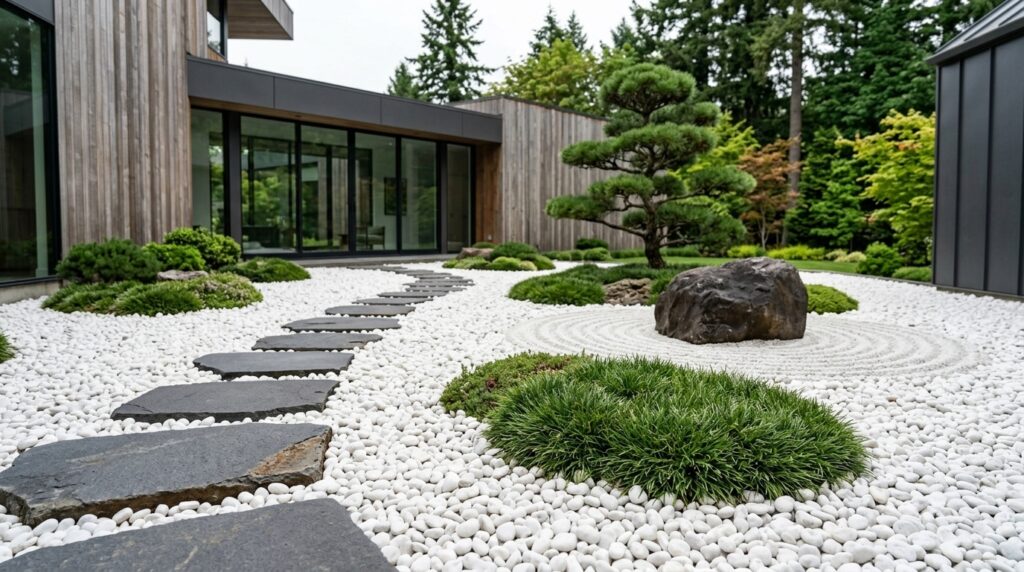 White tumbled pebble rocks used in a minimalist Zen garden with stepping stones, green plants, a feature boulder, and modern architecture.