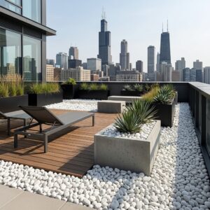 White pebble rocks used in a modern rooftop landscape design with planters, decking, and an urban skyline view.