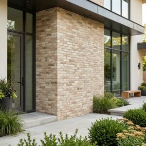 Thin brick cladding installed on a modern architectural wall showing natural brick texture and warm color variation.