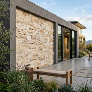 Travertine ledger panels installed on a modern architectural wall showing natural beige stone texture and split-face detail.