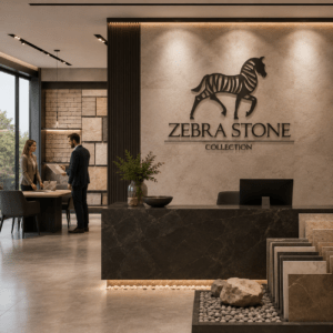 Zebra Stone Collection professional showroom and office interior with natural stone displays, reception area, and branded wall logo.